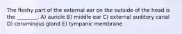 The fleshy part of the external ear on the outside of the head is the ________. A) auricle B) middle ear C) external auditory canal D) ceruminous gland E) tympanic membrane