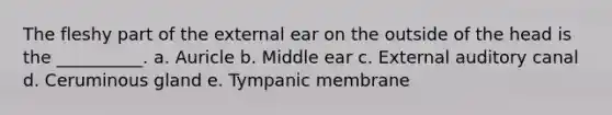 The fleshy part of the external ear on the outside of the head is the __________. a. Auricle b. Middle ear c. External auditory canal d. Ceruminous gland e. Tympanic membrane