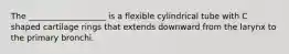 The ___________________ is a flexible cylindrical tube with C shaped cartilage rings that extends downward from the larynx to the primary bronchi.