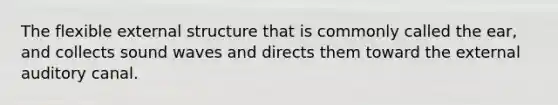 The flexible external structure that is commonly called the ear, and collects sound waves and directs them toward the external auditory canal.
