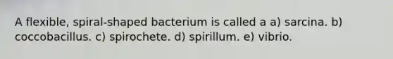 A flexible, spiral-shaped bacterium is called a a) sarcina. b) coccobacillus. c) spirochete. d) spirillum. e) vibrio.