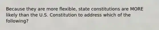 Because they are more flexible, state constitutions are MORE likely than the U.S. Constitution to address which of the following?