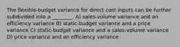 The flexible-budget variance for direct cost inputs can be further subdivided into a ________. A) sales-volume variance and an efficiency variance B) static-budget variance and a price variance C) static-budget variance and a sales-volume variance D) price variance and an efficiency variance