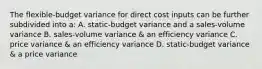 The flexible-budget variance for direct cost inputs can be further subdivided into a: A. static-budget variance and a sales-volume variance B. sales-volume variance & an efficiency variance C. price variance & an efficiency variance D. static-budget variance & a price variance