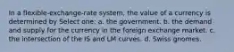 In a flexible-exchange-rate system, the value of a currency is determined by Select one: a. the government. b. the demand and supply for the currency in the foreign exchange market. c. the intersection of the IS and LM curves. d. Swiss gnomes.