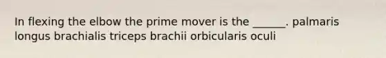 In flexing the elbow the prime mover is the ______. palmaris longus brachialis triceps brachii orbicularis oculi