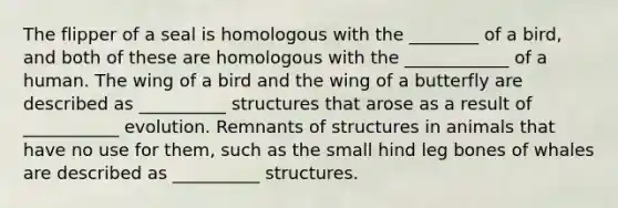 The flipper of a seal is homologous with the ________ of a bird, and both of these are homologous with the ____________ of a human. The wing of a bird and the wing of a butterfly are described as __________ structures that arose as a result of ___________ evolution. Remnants of structures in animals that have no use for them, such as the small hind leg bones of whales are described as __________ structures.