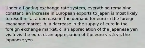 Under a floating exchange rate system, everything remaining constant, an increase in European exports to Japan is most likely to result in: a. a decrease in the demand for euro in the foreign exchange market. b. a decrease in the supply of euro in the foreign exchange market. c. an appreciation of the Japanese yen vis-à-vis the euro. d. an appreciation of the euro vis-à-vis the Japanese yen