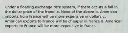 Under a floating exchange rate system, if there occurs a fall in the dollar price of the franc: a. None of the above b. American imports from France will be more expensive in dollars c. American exports to France will be cheaper in francs d. American exports to France will be more expensive in francs