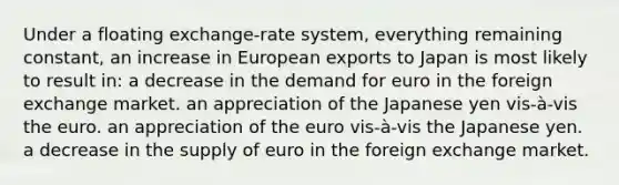 Under a floating exchange-rate system, everything remaining constant, an increase in European exports to Japan is most likely to result in: a decrease in the demand for euro in the foreign exchange market. an appreciation of the Japanese yen vis-à-vis the euro. an appreciation of the euro vis-à-vis the Japanese yen. a decrease in the supply of euro in the foreign exchange market.