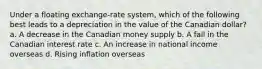 Under a floating exchange-rate system, which of the following best leads to a depreciation in the value of the Canadian dollar? a. A decrease in the Canadian money supply b. A fall in the Canadian interest rate c. An increase in national income overseas d. Rising inflation overseas