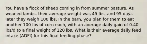 You have a flock of sheep coming in from summer pasture. As weaned lambs, their average weight was 45 lbs, and 95 days later they weigh 100 lbs. In the barn, you plan for them to eat another 100 lbs of corn each, with an average daily gain of 0.40 lbs/d to a final weight of 120 lbs. What is their average daily feed intake (ADFI) for this final feeding phase?