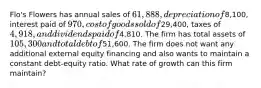 Flo's Flowers has annual sales of 61,888, depreciation of8,100, interest paid of 970, cost of goods sold of29,400, taxes of 4,918, and dividends paid of4,810. The firm has total assets of 105,300 and total debt of51,600. The firm does not want any additional external equity financing and also wants to maintain a constant debt-equity ratio. What rate of growth can this firm maintain?