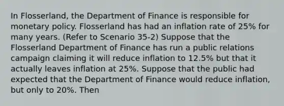 In Flosserland, the Department of Finance is responsible for monetary policy. Flosserland has had an inflation rate of 25% for many years. (Refer to Scenario 35-2) Suppose that the Flosserland Department of Finance has run a public relations campaign claiming it will reduce inflation to 12.5% but that it actually leaves inflation at 25%. Suppose that the public had expected that the Department of Finance would reduce inflation, but only to 20%. Then