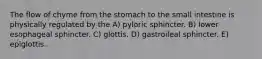 The flow of chyme from the stomach to the small intestine is physically regulated by the A) pyloric sphincter. B) lower esophageal sphincter. C) glottis. D) gastroileal sphincter. E) epiglottis.