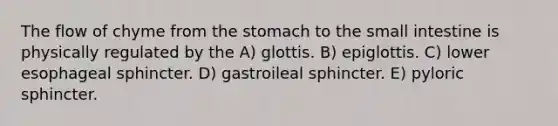 The flow of chyme from the stomach to the small intestine is physically regulated by the A) glottis. B) epiglottis. C) lower esophageal sphincter. D) gastroileal sphincter. E) pyloric sphincter.