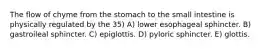 The flow of chyme from the stomach to the small intestine is physically regulated by the 35) A) lower esophageal sphincter. B) gastroileal sphincter. C) epiglottis. D) pyloric sphincter. E) glottis.