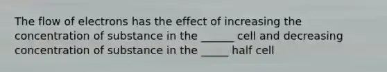 The flow of electrons has the effect of increasing the concentration of substance in the ______ cell and decreasing concentration of substance in the _____ half cell