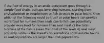 If the flow of energy in an arctic ecosystem goes through a simple food chain, perhaps involving humans, starting from phytoplankton to zooplankton to fish to seals to polar bears, then which of the following could be true? a) polar bears can provide more food for humans than seals can b) fish can potentially provide more food for humans than seal meat c) the total biomass of the fish is lower than that of the seals d) seal meat probably contains the lowest concentrations of fat-soluble toxins e) seal populations are larger than fish populations