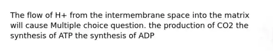 The flow of H+ from the intermembrane space into the matrix will cause Multiple choice question. the production of CO2 the synthesis of ATP the synthesis of ADP