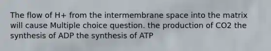 The flow of H+ from the intermembrane space into the matrix will cause Multiple choice question. the production of CO2 the synthesis of ADP the synthesis of ATP