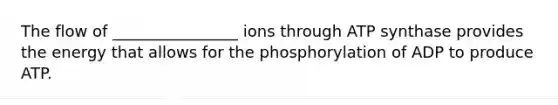 The flow of ________________ ions through ATP synthase provides the energy that allows for the phosphorylation of ADP to produce ATP.