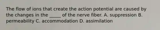 The flow of ions that create the action potential are caused by the changes in the _____ of the nerve fiber. A. suppression B. permeability C. accommodation D. assimilation