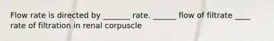 Flow rate is directed by _______ rate. ______ flow of filtrate ____ rate of filtration in renal corpuscle