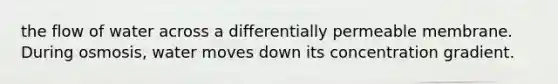 the flow of water across a differentially permeable membrane. During osmosis, water moves down its concentration gradient.