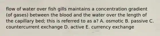 flow of water over fish gills maintains a concentration gradient (of gases) between the blood and the water over the length of the capillary bed; this is referred to as a? A. osmotic B. passive C. countercurrent exchange D. active E. currency exchange