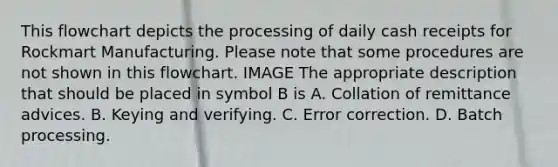 This flowchart depicts the processing of daily cash receipts for Rockmart Manufacturing. Please note that some procedures are not shown in this flowchart. IMAGE The appropriate description that should be placed in symbol B is A. Collation of remittance advices. B. Keying and verifying. C. Error correction. D. Batch processing.