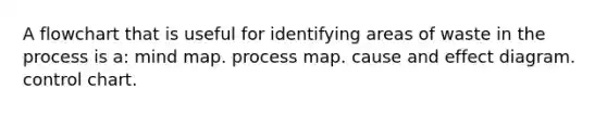 A flowchart that is useful for identifying areas of waste in the process is a: mind map. process map. cause and effect diagram. control chart.