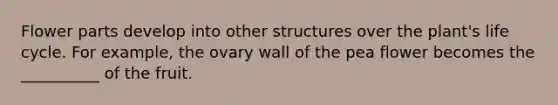 Flower parts develop into other structures over the plant's life cycle. For example, the ovary wall of the pea flower becomes the __________ of the fruit.