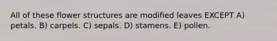 All of these flower structures are modified leaves EXCEPT A) petals. B) carpels. C) sepals. D) stamens. E) pollen.