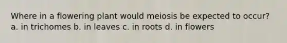 Where in a flowering plant would meiosis be expected to occur? a. in trichomes b. in leaves c. in roots d. in flowers