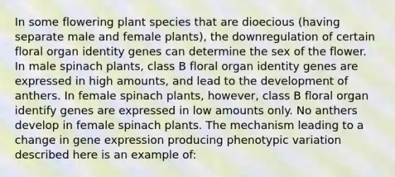 In some flowering plant species that are dioecious (having separate male and female plants), the downregulation of certain floral organ identity genes can determine the sex of the flower. In male spinach plants, class B floral organ identity genes are expressed in high amounts, and lead to the development of anthers. In female spinach plants, however, class B floral organ identify genes are expressed in low amounts only. No anthers develop in female spinach plants. The mechanism leading to a change in gene expression producing phenotypic variation described here is an example of: