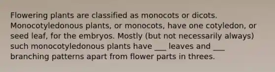 Flowering plants are classified as monocots or dicots. Monocotyledonous plants, or monocots, have one cotyledon, or seed leaf, for the embryos. Mostly (but not necessarily always) such monocotyledonous plants have ___ leaves and ___ branching patterns apart from flower parts in threes.