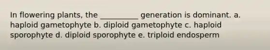 In flowering plants, the __________ generation is dominant. a. haploid gametophyte b. diploid gametophyte c. haploid sporophyte d. diploid sporophyte e. triploid endosperm