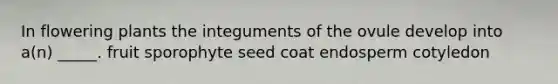 In flowering plants the integuments of the ovule develop into a(n) _____. fruit sporophyte seed coat endosperm cotyledon