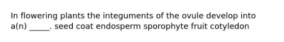 In flowering plants the integuments of the ovule develop into a(n) _____. seed coat endosperm sporophyte fruit cotyledon