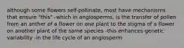 although some flowers self-pollinate, most have mechanisms that ensure "this" -which in angiosperms, is the transfer of pollen from an anther of a flower on one plant to the stigma of a flower on another plant of the same species -this enhances genetic variability -in the life cycle of an angiosperm