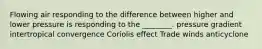 Flowing air responding to the difference between higher and lower pressure is responding to the ________. pressure gradient intertropical convergence Coriolis effect Trade winds anticyclone