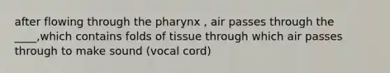 after flowing through the pharynx , air passes through the ____,which contains folds of tissue through which air passes through to make sound (vocal cord)