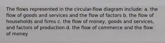 The flows represented in the circular-flow diagram include: a. the flow of goods and services and the flow of factors b. the flow of households and firms c. the flow of money, goods and services, and factors of production d. the flow of commerce and the flow of money