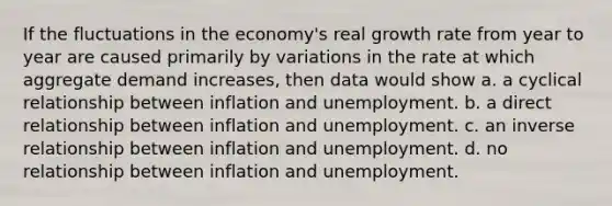 If the fluctuations in the economy's real growth rate from year to year are caused primarily by variations in the rate at which aggregate demand increases, then data would show a. a cyclical relationship between inflation and unemployment. b. a direct relationship between inflation and unemployment. c. an <a href='https://www.questionai.com/knowledge/kc6KNK1VxL-inverse-relation' class='anchor-knowledge'>inverse relation</a>ship between inflation and unemployment. d. no relationship between inflation and unemployment.