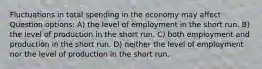 Fluctuations in total spending in the economy may affect Question options: A) the level of employment in the short run. B) the level of production in the short run. C) both employment and production in the short run. D) neither the level of employment nor the level of production in the short run.