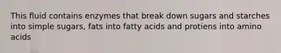 This fluid contains enzymes that break down sugars and starches into simple sugars, fats into fatty acids and protiens into amino acids