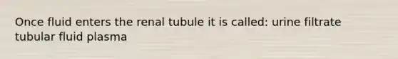 Once fluid enters the renal tubule it is called: urine filtrate tubular fluid plasma