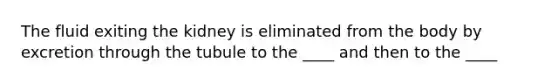 The fluid exiting the kidney is eliminated from the body by excretion through the tubule to the ____ and then to the ____