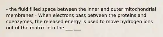 - the fluid filled space between the inner and outer mitochondrial membranes - When electrons pass between the proteins and coenzymes, the released energy is used to move hydrogen ions out of the matrix into the ___ ___